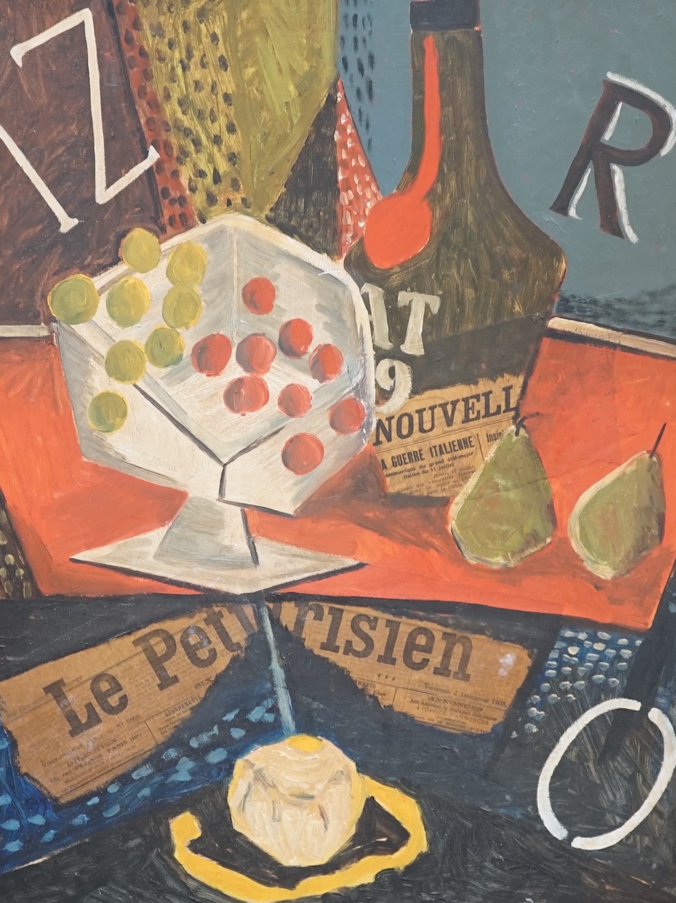 Cubist style, oil and mixed media on board, Still life of vessels and fruit, 59 x 45cm. Condition - fair to good, some scuffing